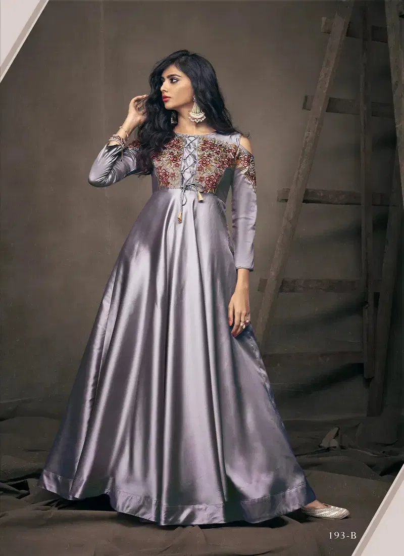 Grey Navya Vol 10 Gold By Vardan Triva Silk Embroidery Gown Orders In India